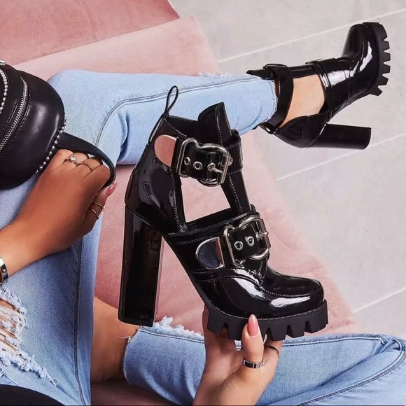 Shoes - Black Patent Chunky Platform Cutout Boot